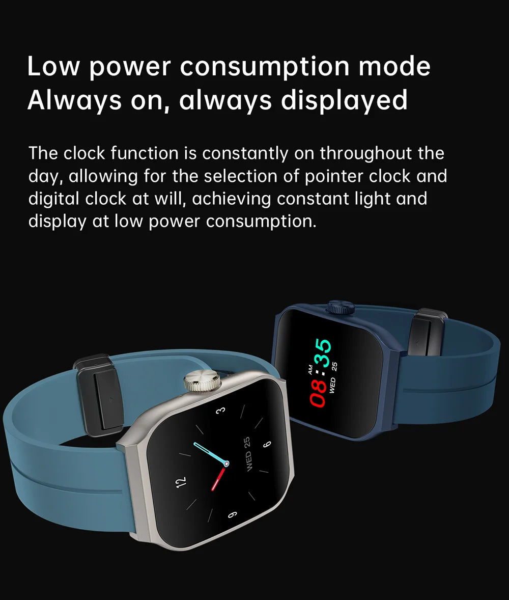 Two smartwatches with blue silicone straps, curved screens, and always-on display features showing analogue and digital.
