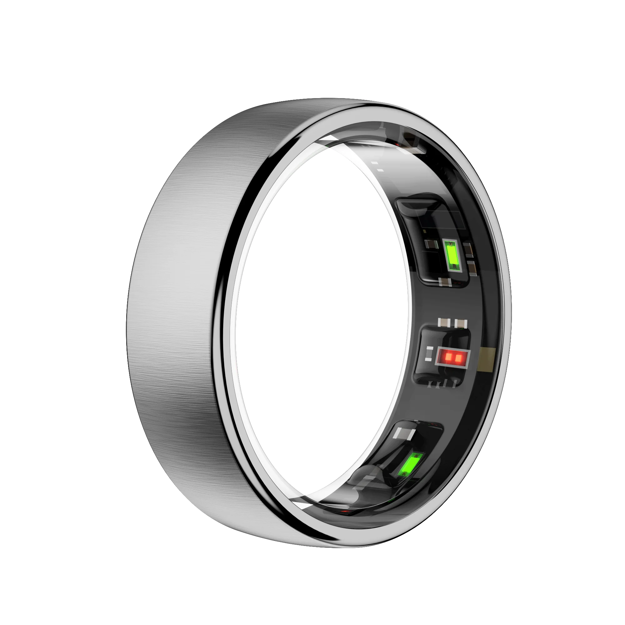 Sleek silver smart fitness ring, showing internal health sensors with glowing green and red lights on a black background.