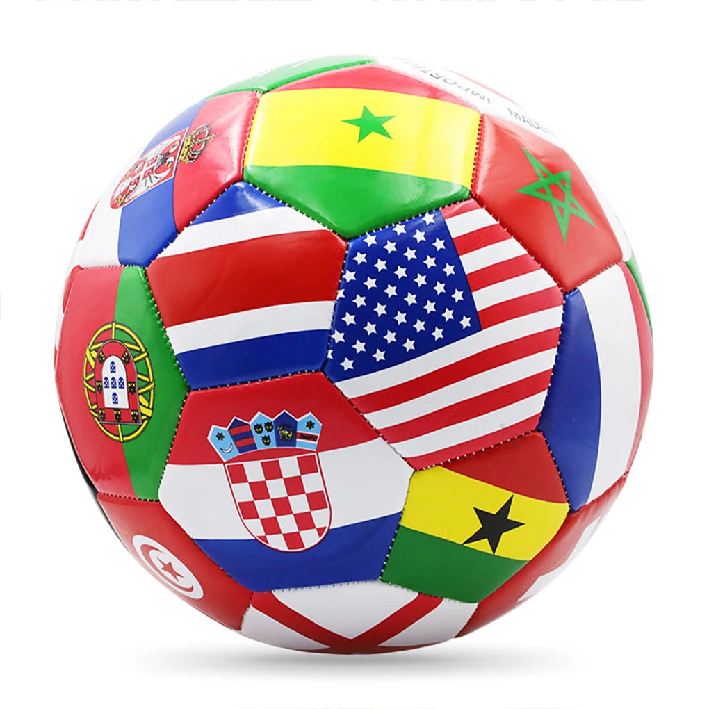 Multi-coloured football featuring a patterned design of various international national flags, isolated on white background.