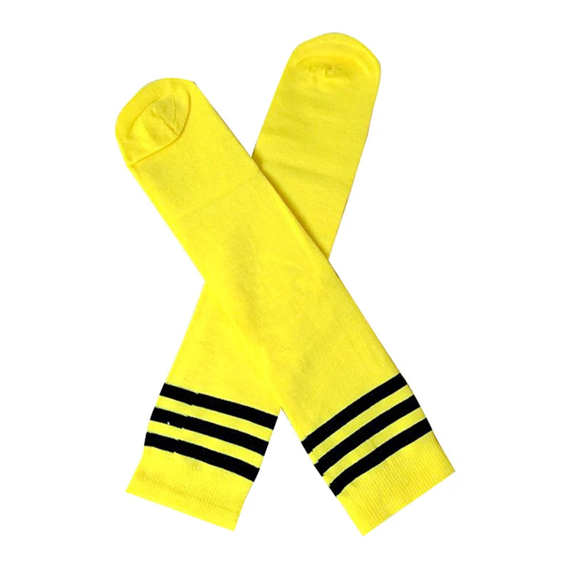Bright yellow knee-high socks featuring three black horizontal stripes near the cuffs.