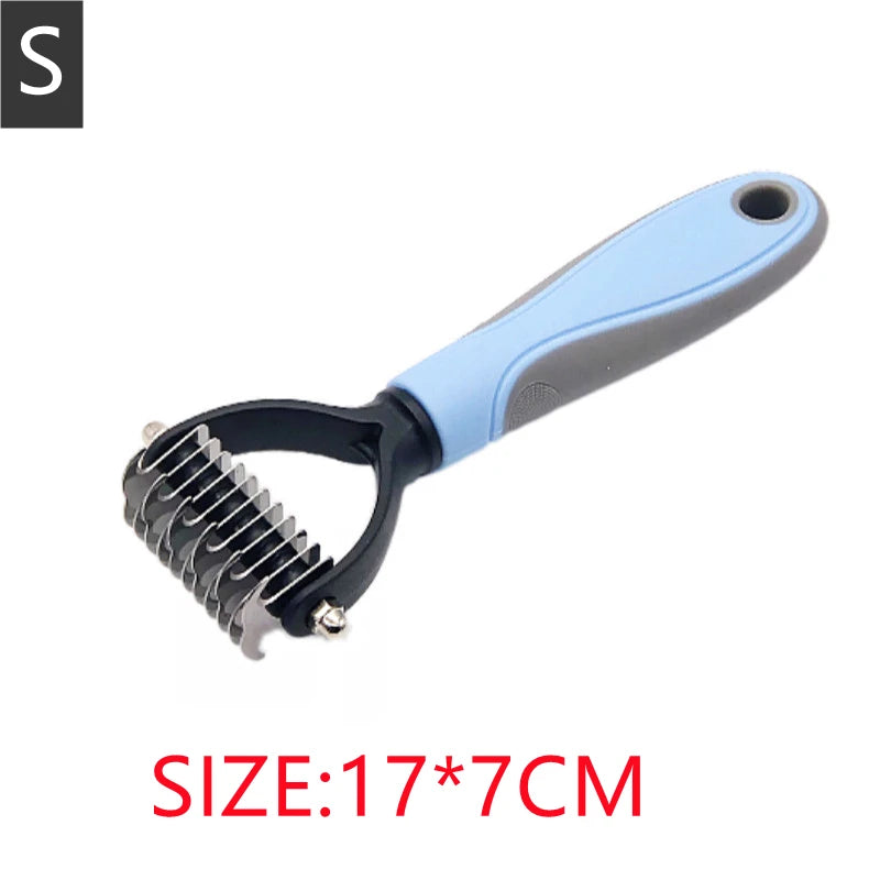 Small pet grooming rake with metal de-shedding blades and a light blue and grey ergonomic handle.