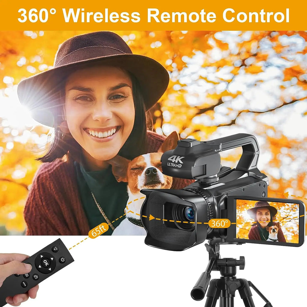 Black 4K Ultra HD camcorder on a tripod with a wireless remote control, displaying a woman and dog on the screen.