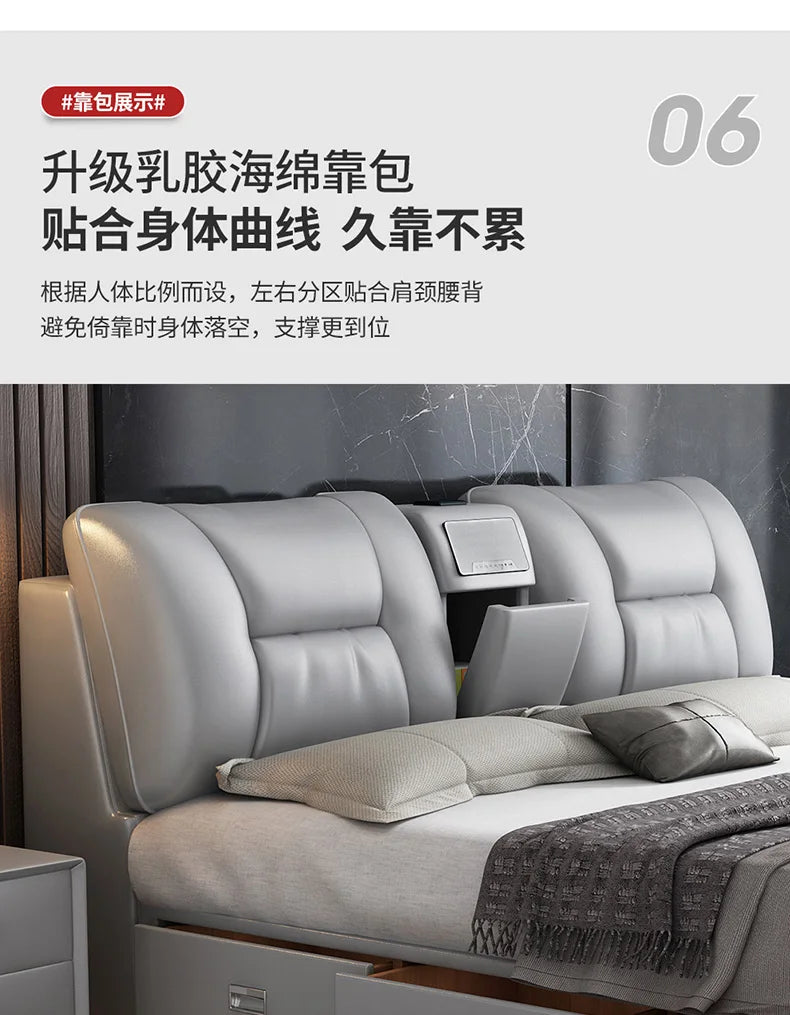 Minimalist grey upholstered king size bed frame with ergonomic cushioned headboard featuring built-in storage.