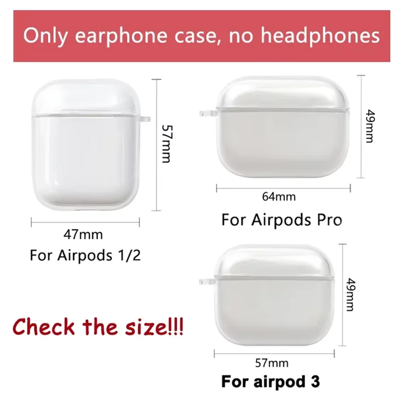 Clear protective cases for AirPods 1/2, 3, and Pro models, showing dimensions for size comparison.
