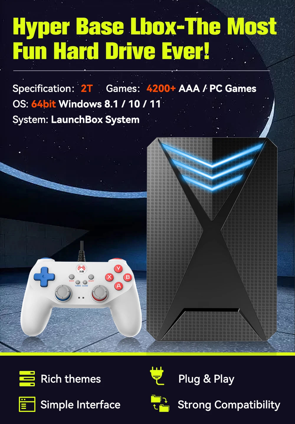 Black JMachen Hyper Base Lbox 2TB gaming HDD with blue LED chevrons next to a white gamepad.