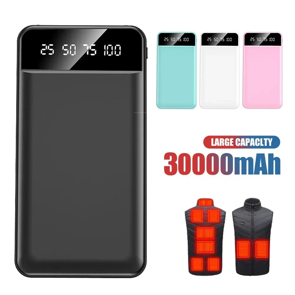 Portable power bank with LED digital display in black, blue, white, and pink, shown powering a heated gilet.