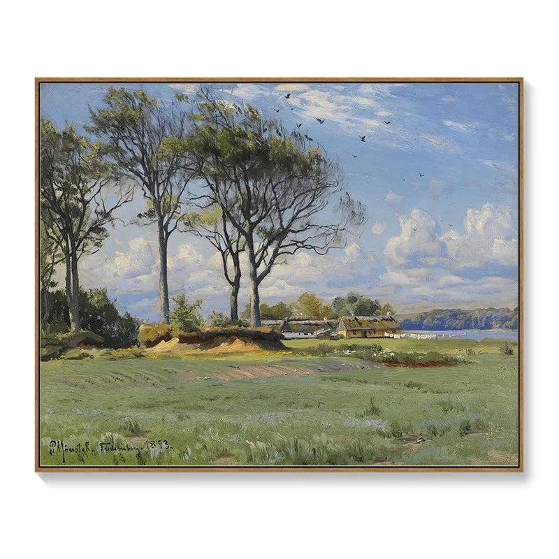 Framed landscape art meter box cover featuring a pastoral scene with trees, a cottage, and a blue sky with clouds.