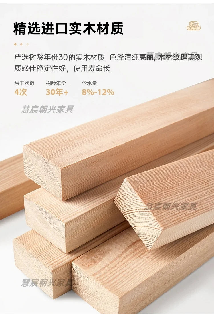 Close-up of high-quality, light-toned solid timber beams used for the bed frame structure, showing natural wood grain.