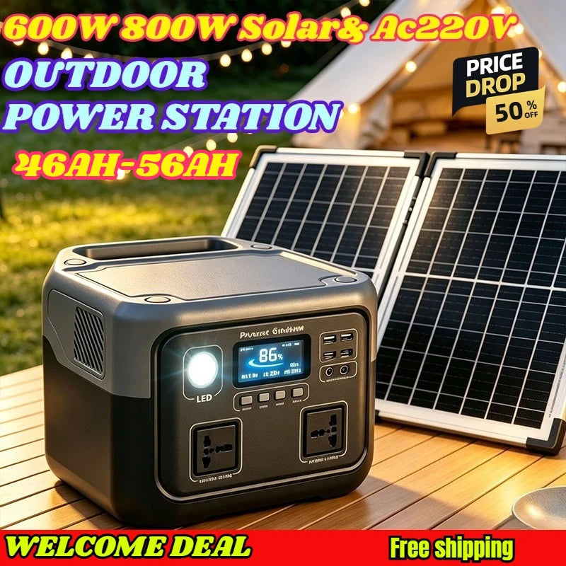 Outdoor power station on table with solar panel, digital screen, and AC/USB outlets.