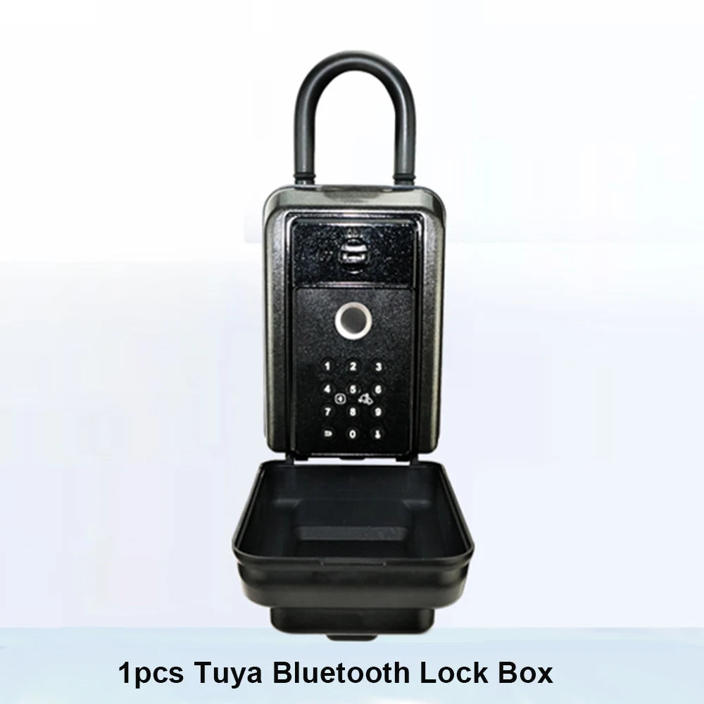 Black metal smart key lock box with a padlock shackle, keypad, and circular biometric fingerprint sensor.