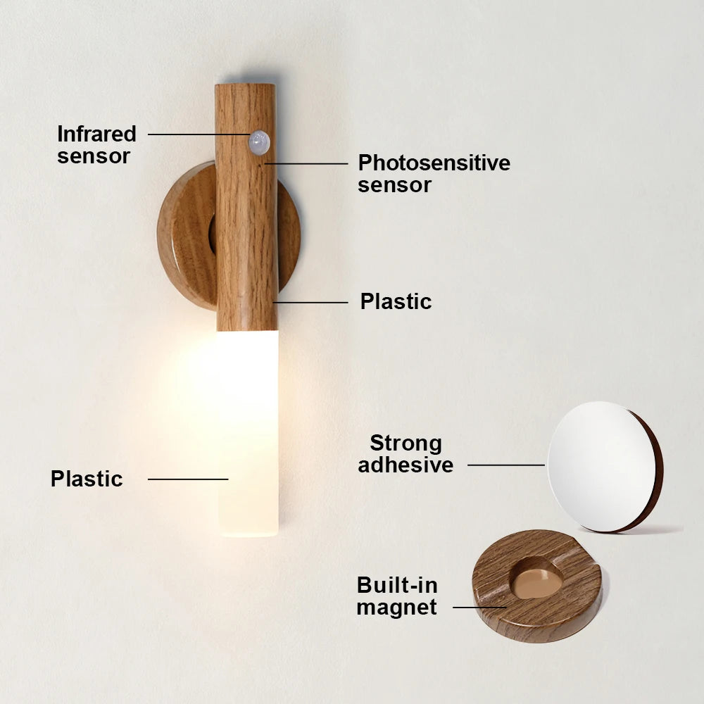 Modern wood-effect LED night light with motion sensor, magnetic wall mount, and adhesive backing.