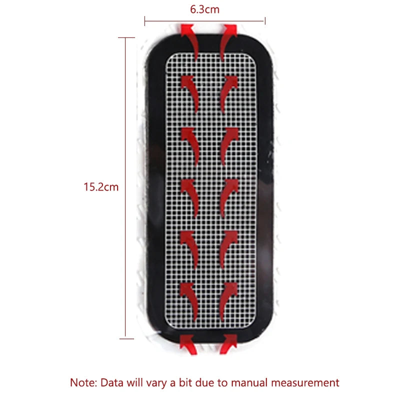 Rectangular black abdominal stimulator pad with a white grid centre and red directional arrows. Measures 15.2cm x 6.3cm.