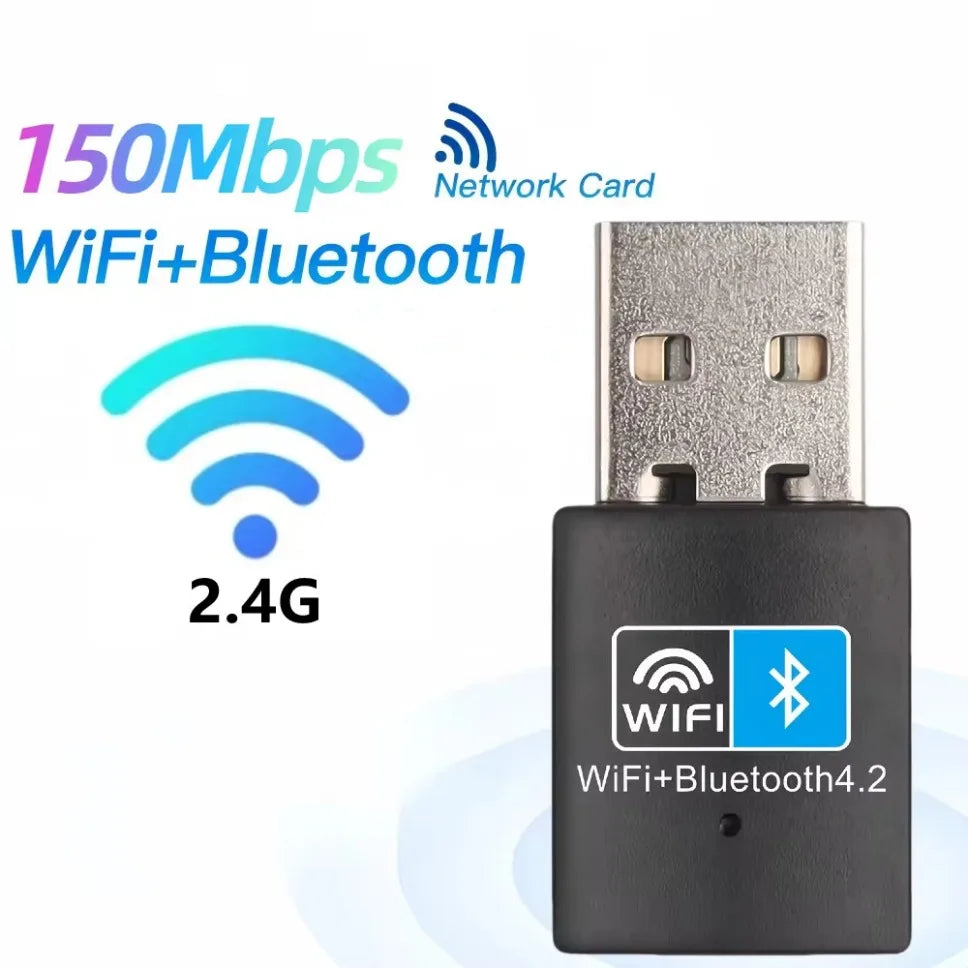 Compact black USB WiFi and Bluetooth 4.2 adapter with a 2.4G network signal icon.