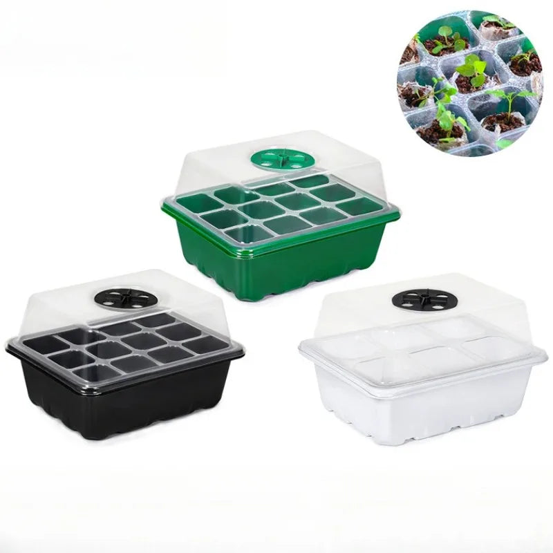 Green, black, and white 12-cell seed starter trays with clear humidity domes featuring adjustable ventilation dials.