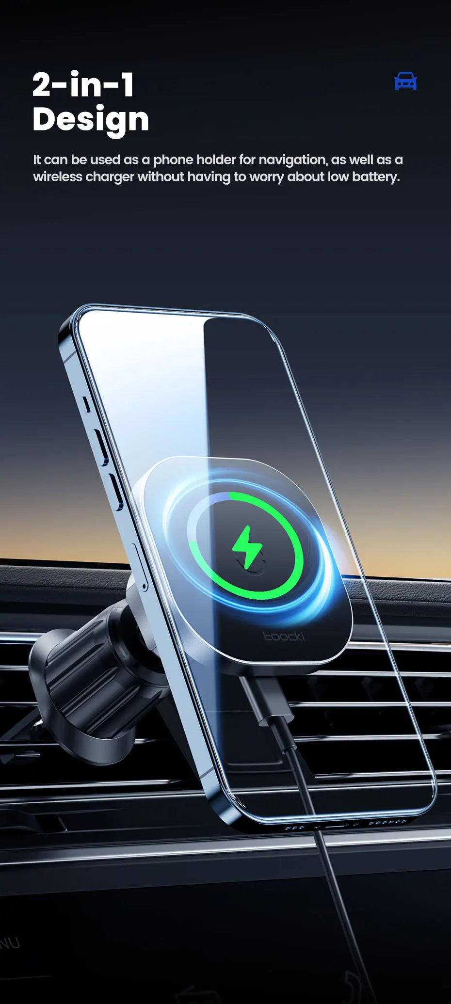 Black magnetic car phone holder and wireless charger mounted on a vehicle air vent with a smartphone attached.