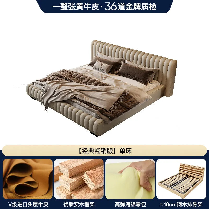 Modern cream-coloured upholstered bed frame with a stylish channeled headboard and sturdy slatted wooden base.