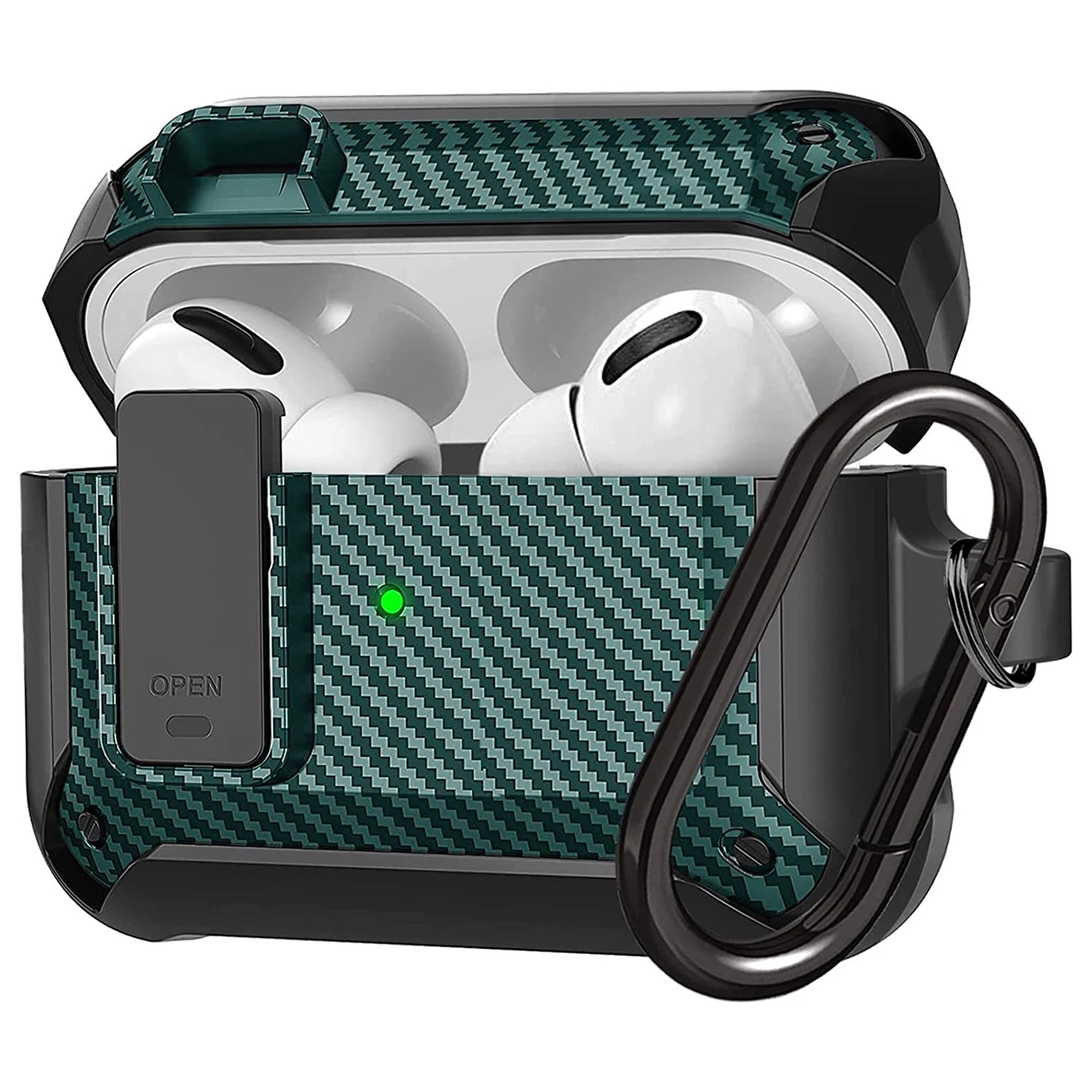 Green carbon fibre-style AirPods Pro case with locking mechanism and black carabiner, white charging case inside.