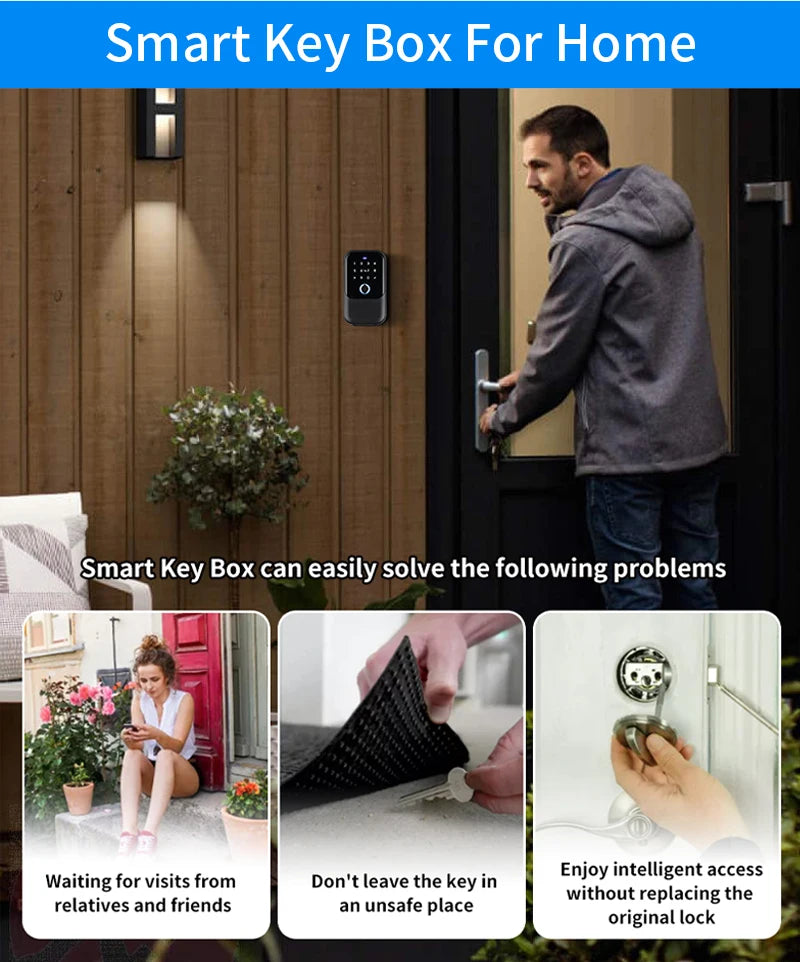 Black electronic wall-mounted smart key box with a digital keypad, shown mounted on a wooden exterior wall.