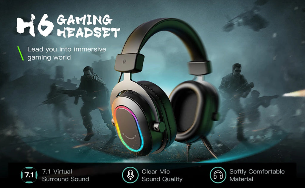 Black gaming headset with glowing RGB earcups, 7.1 surround sound, and a comfortable design for immersive play.