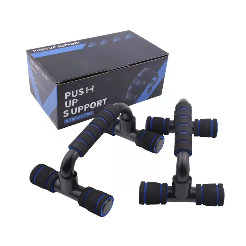 A pair of black push-up bars with blue foam-padded handles, displayed in front of their branded cardboard box.
