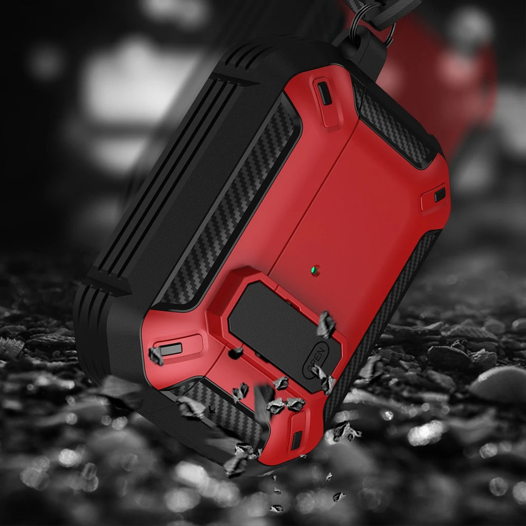 Rugged, shockproof red and black carbon fibre-style case for AirPods Pro, featuring a secure locking latch.