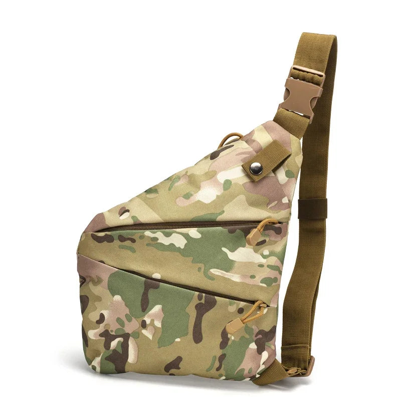 Compact camouflage-print crossbody sling bag with a secure buckled strap and two external zip pockets.
