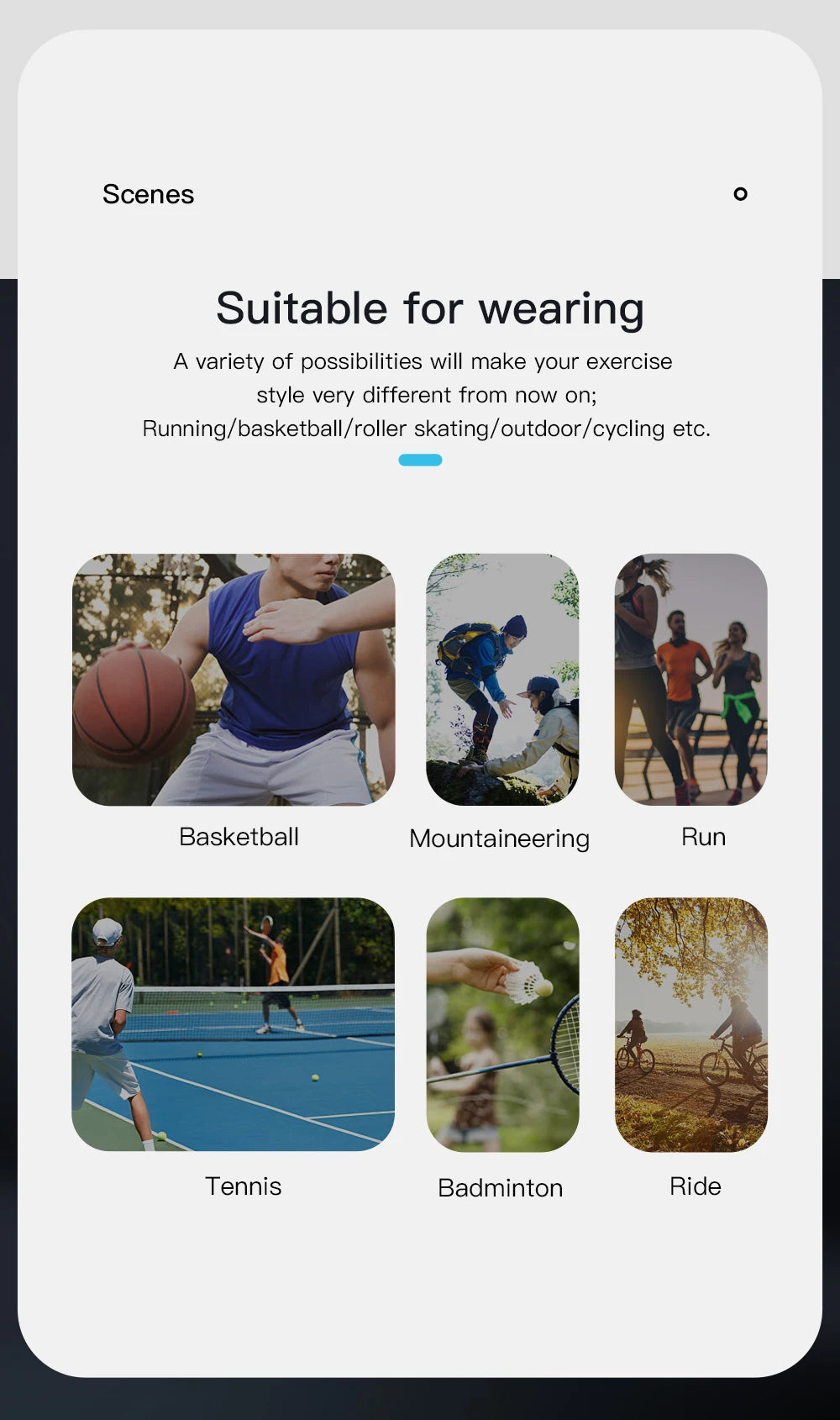 A graphical display showing six photos of people playing basketball, hiking, running, tennis, badminton, and cycling.