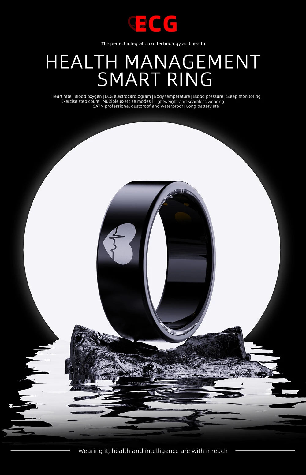 Sleek black waterproof smart fitness ring featuring a heart-shaped ECG icon, displayed against a moonlit backdrop.