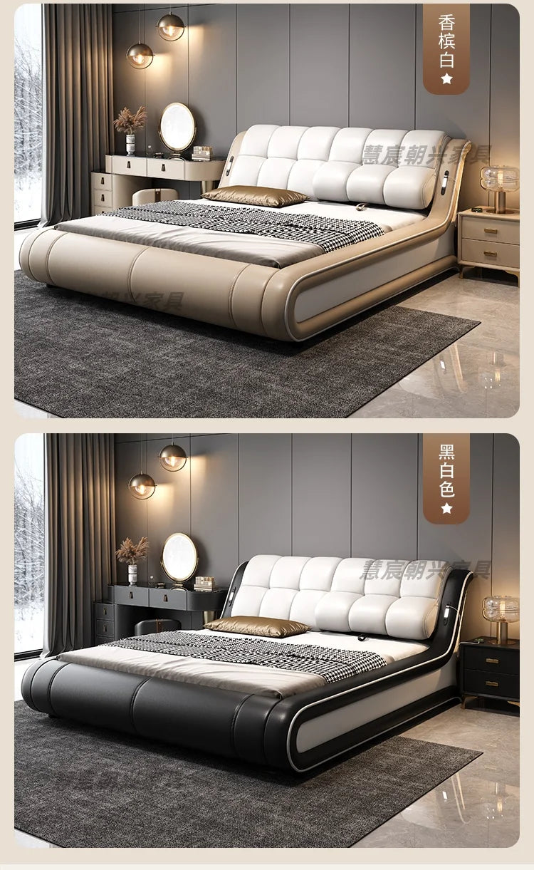 Two modern, low-profile genuine leather bed frames with tufted headboards, shown in beige and black-white colourways.