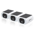 Three white Anran security cameras with built-in solar panels on top, angled against a white background.