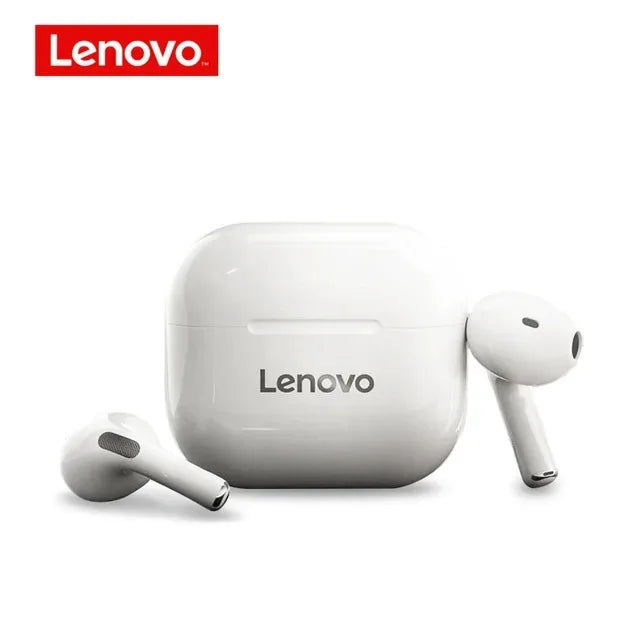Glossy white wireless earbuds with a matching square charging case, featuring a sleek, modern, minimalist design.