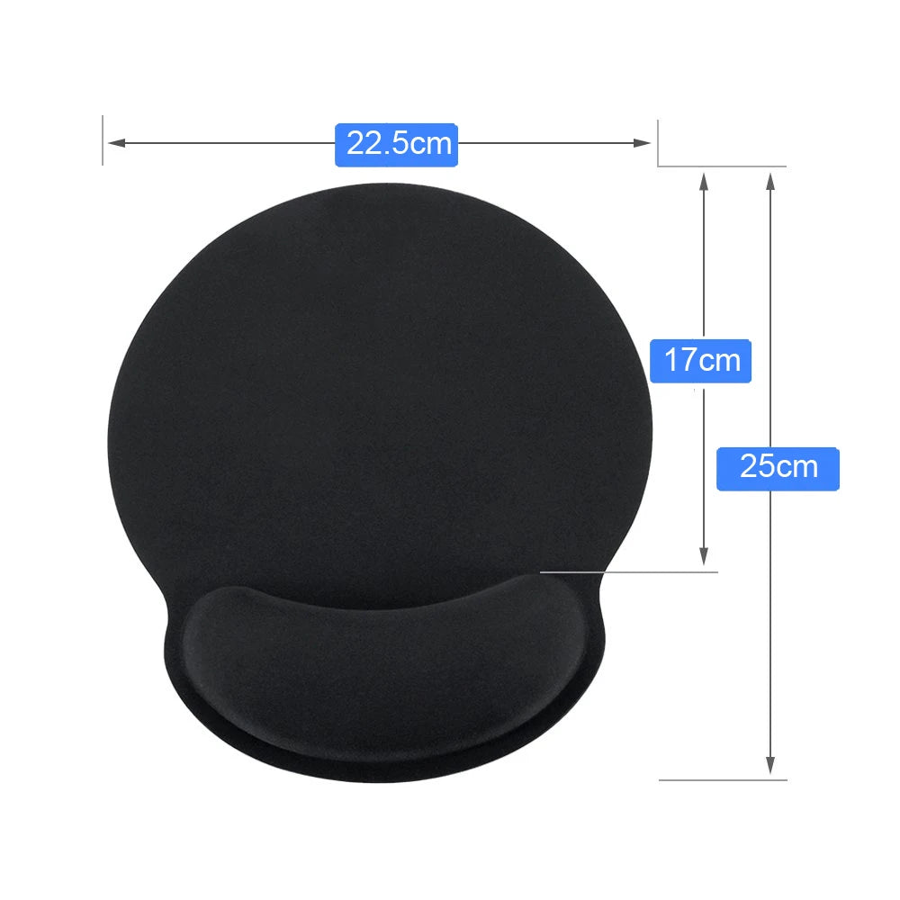 Black circular foam mouse pad with integrated ergonomic wrist rest and dimension measurements overlay.