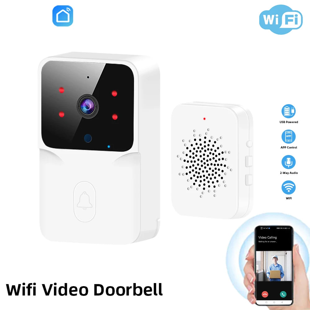 White smart WiFi video doorbell with night vision, matching chime unit, and mobile app interface for two-way audio.