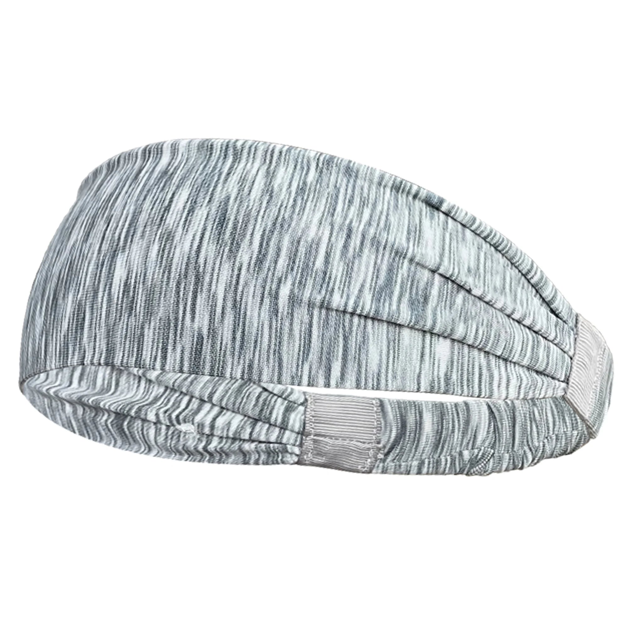 A wide, grey and white marl-effect fabric headband with a gathered, pleated design and elasticated back strap.