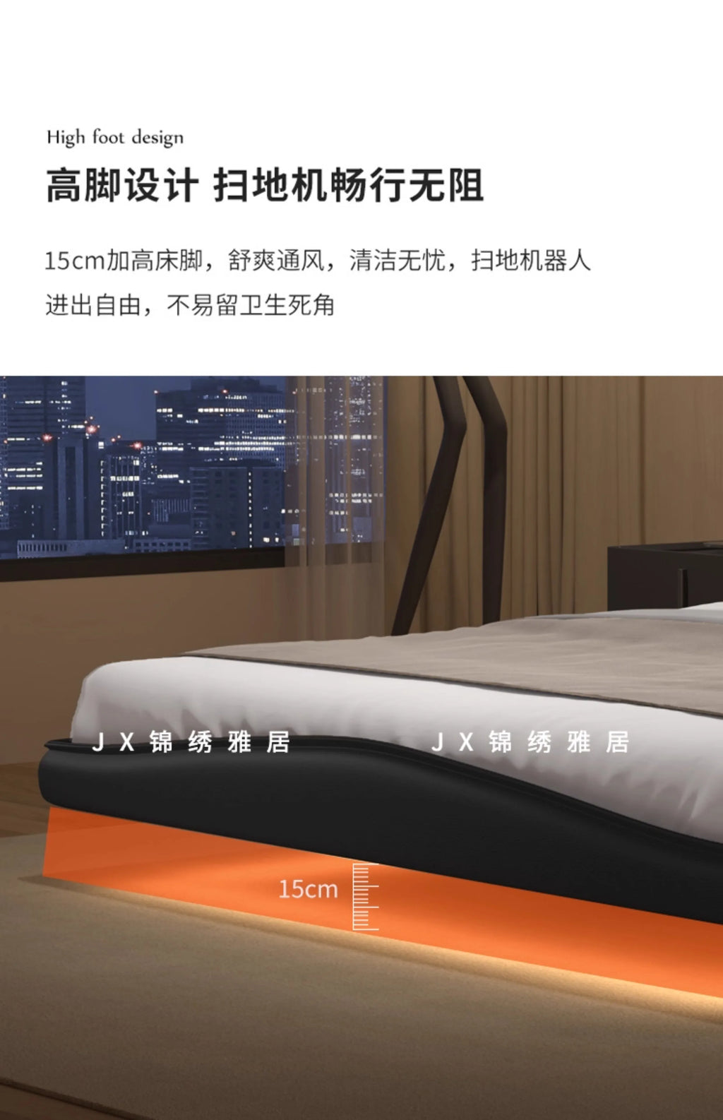 Modern black upholstered bed frame featuring a 15cm elevated base for easy cleaning access.