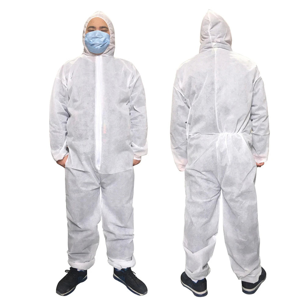 Front and back view of a person wearing a white, hooded disposable protective coverall with a front zipper.