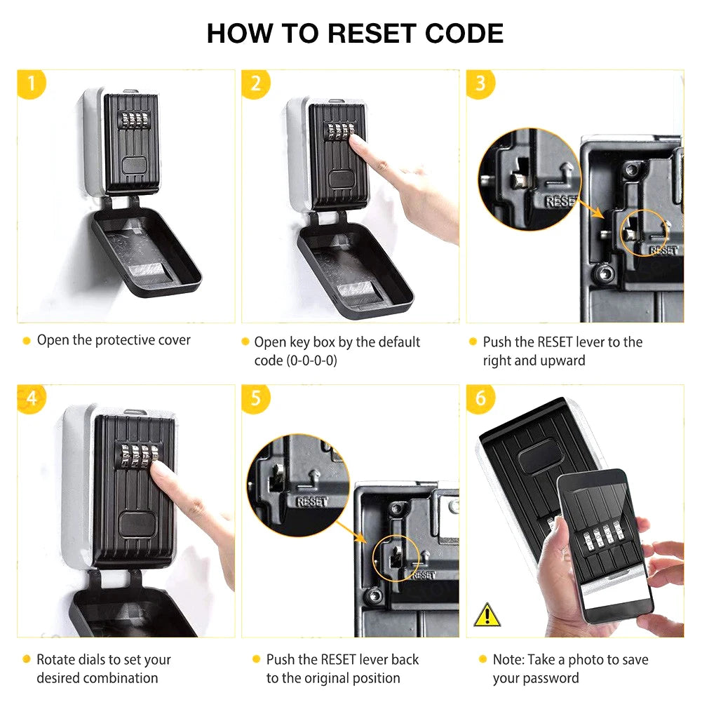 Six-step guide showing how to reset the combination code on a black and silver wall-mounted key lock box.
