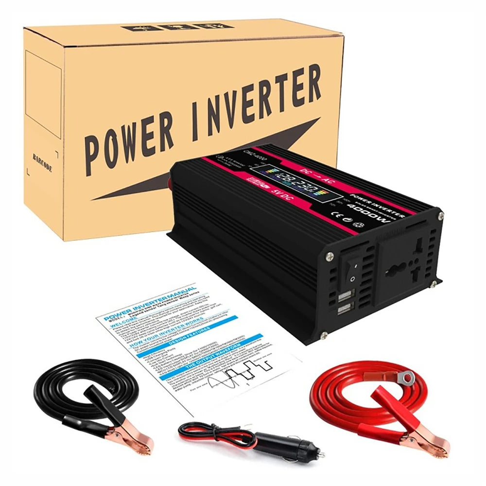 Black 4000W car power inverter with LCD display, includes cables, manual, and branded storage box.