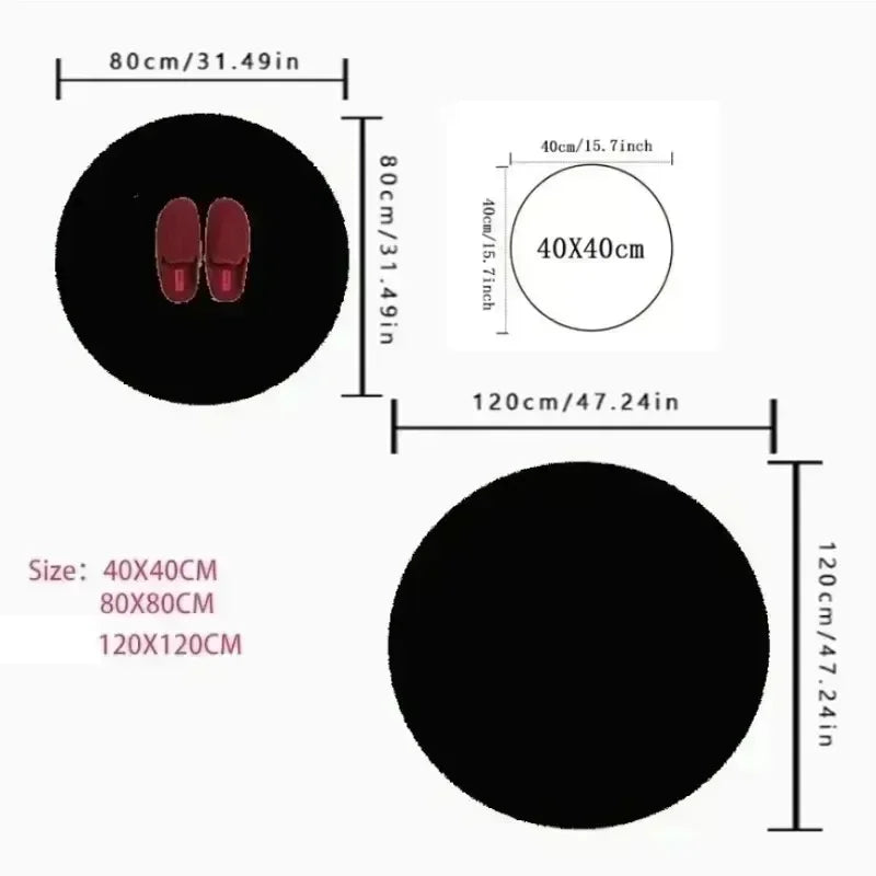 A sizing guide infographic showing round floor mats in 40cm, 80cm, and 120cm diameters for scale.