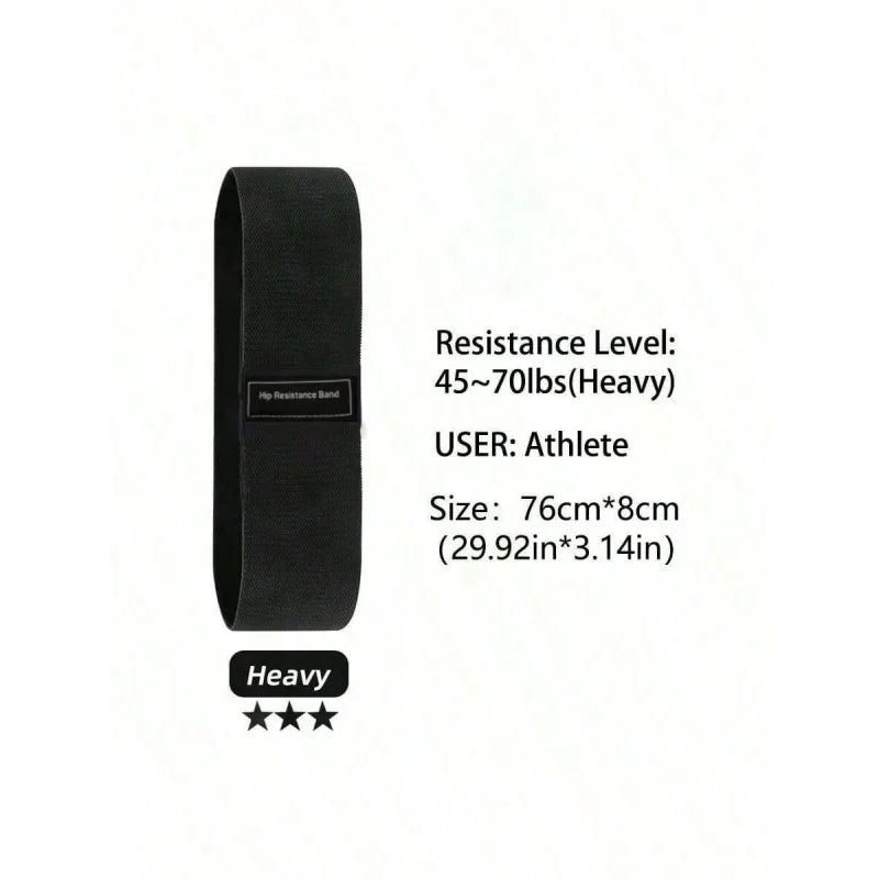 Black heavy-duty fabric hip resistance band with text overlay detailing 45-70lbs resistance and size dimensions.