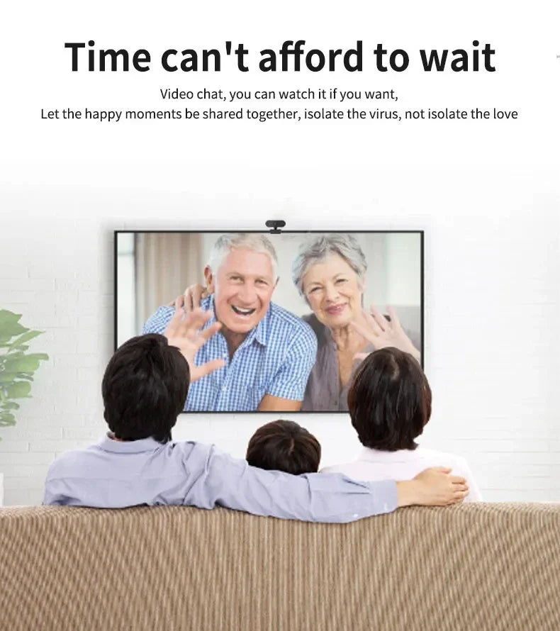 A family video chatting on a TV screen using a compact, black 1080P HD webcam mounted on top of the television.