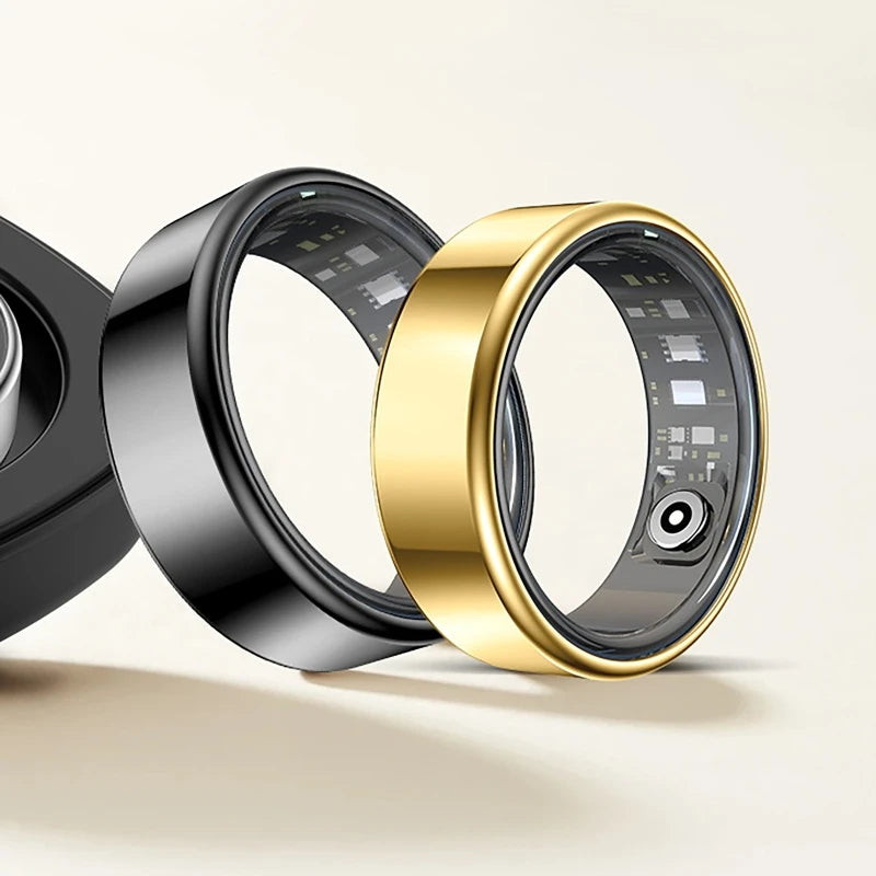 A gold and a black smart fitness tracking ring, showing the internal sensor technology and smooth, metallic exterior.