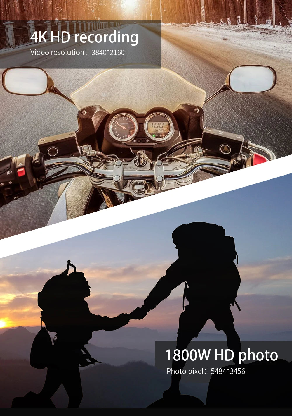 Split screen showing a motorcycle dashboard view for 4K video recording and hikers for 1800W high-resolution photos.