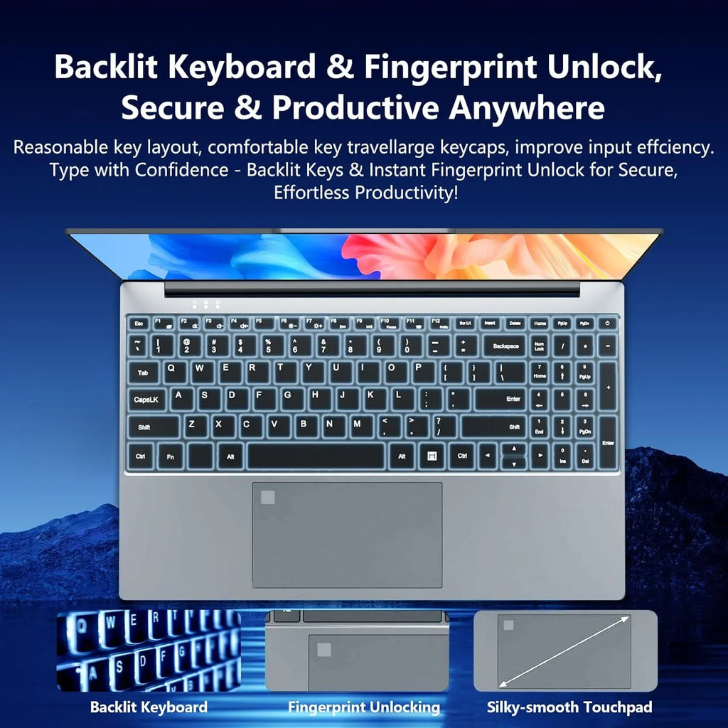 Silver 15.6-inch laptop featuring a backlit keyboard, integrated fingerprint sensor, and a smooth, spacious touchpad.