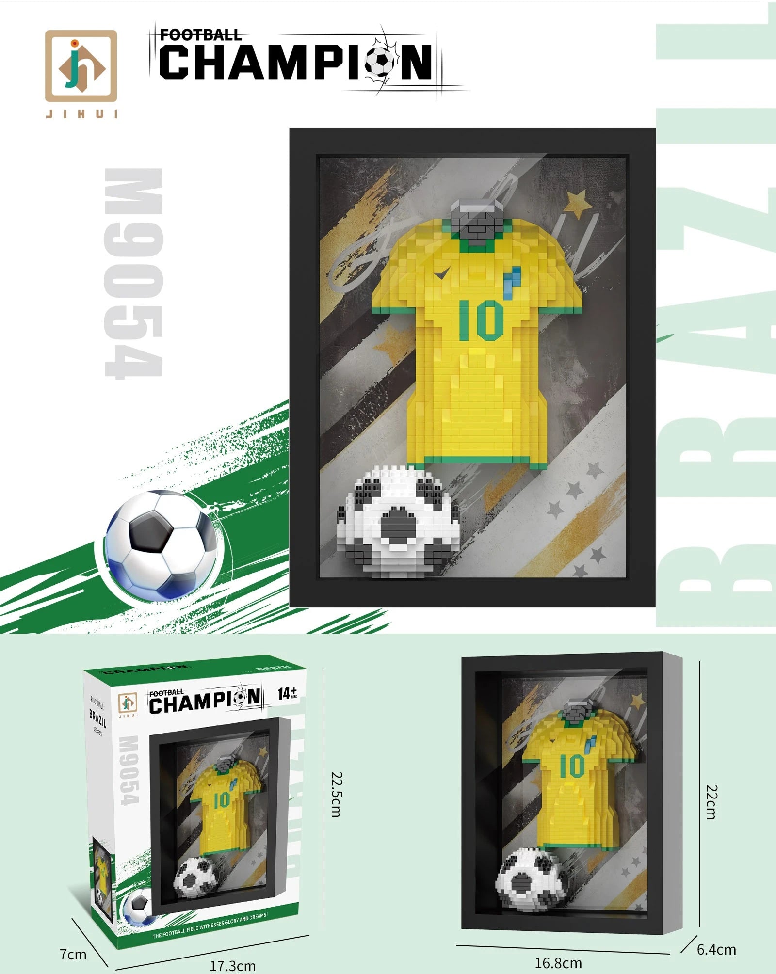 Framed 3D brick building set featuring a yellow Brazil-style football shirt with number 10 and a matching football.