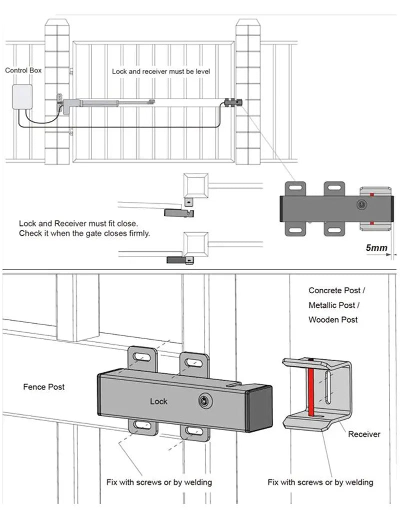 Installation diagram of a grey metal electric gate lock and receiver, showing mounting points and alignment guide.