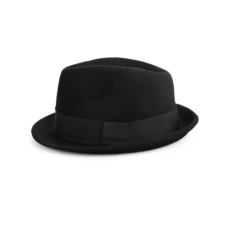 Classic black wool felt fedora hat with a matching ribbon band and a short, upturned brim.