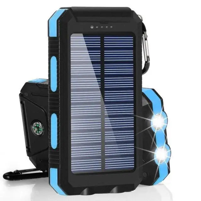 Rugged black and blue solar power bank featuring LED lights, a built-in compass, and a clip-on carabiner.