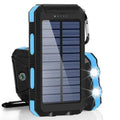Rugged black and blue solar power bank featuring LED lights, a built-in compass, and a clip-on carabiner.