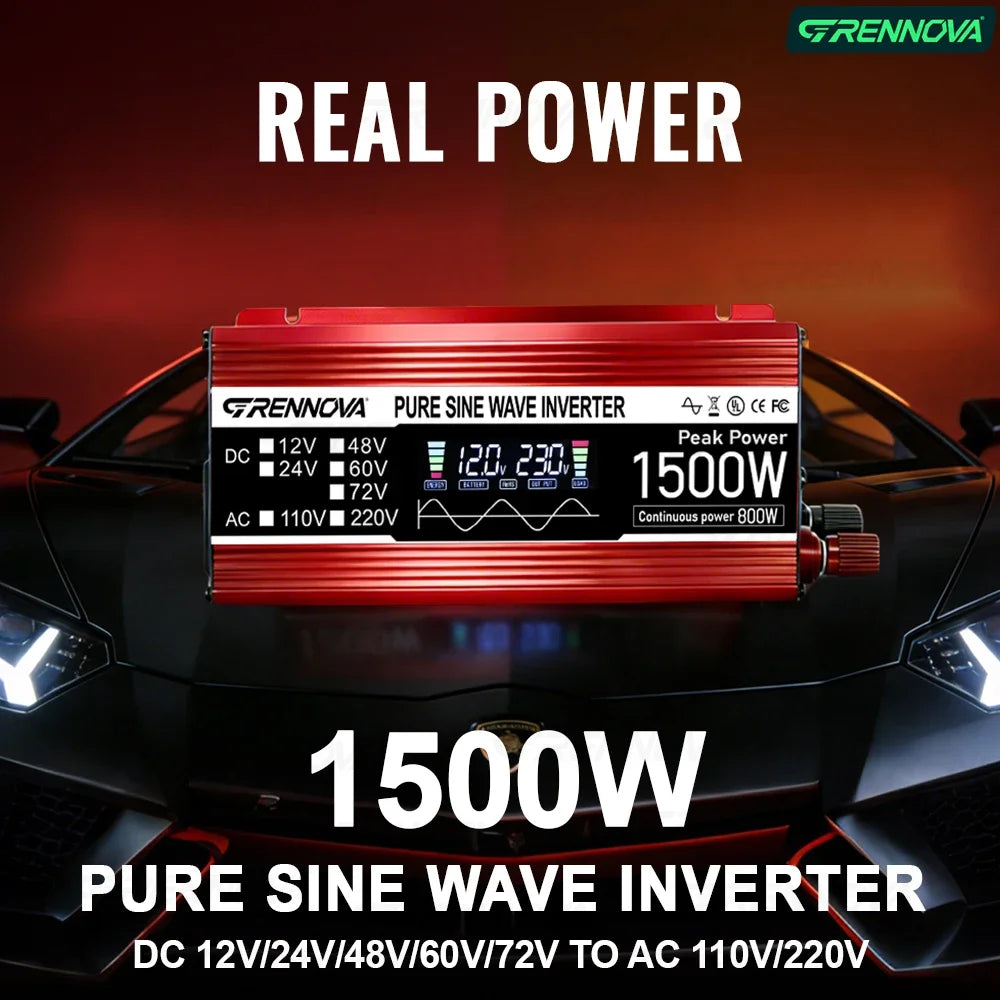 Red 1500W pure sine wave power inverter with a digital display showing voltage levels, set against a black sports car.